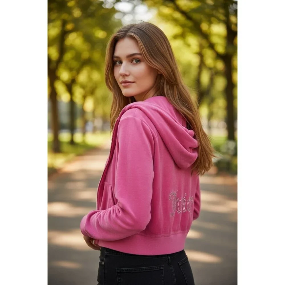 Juicy Couture Pink Velour Cropped Hoodie Jacket Rhinestone Logo Size S
